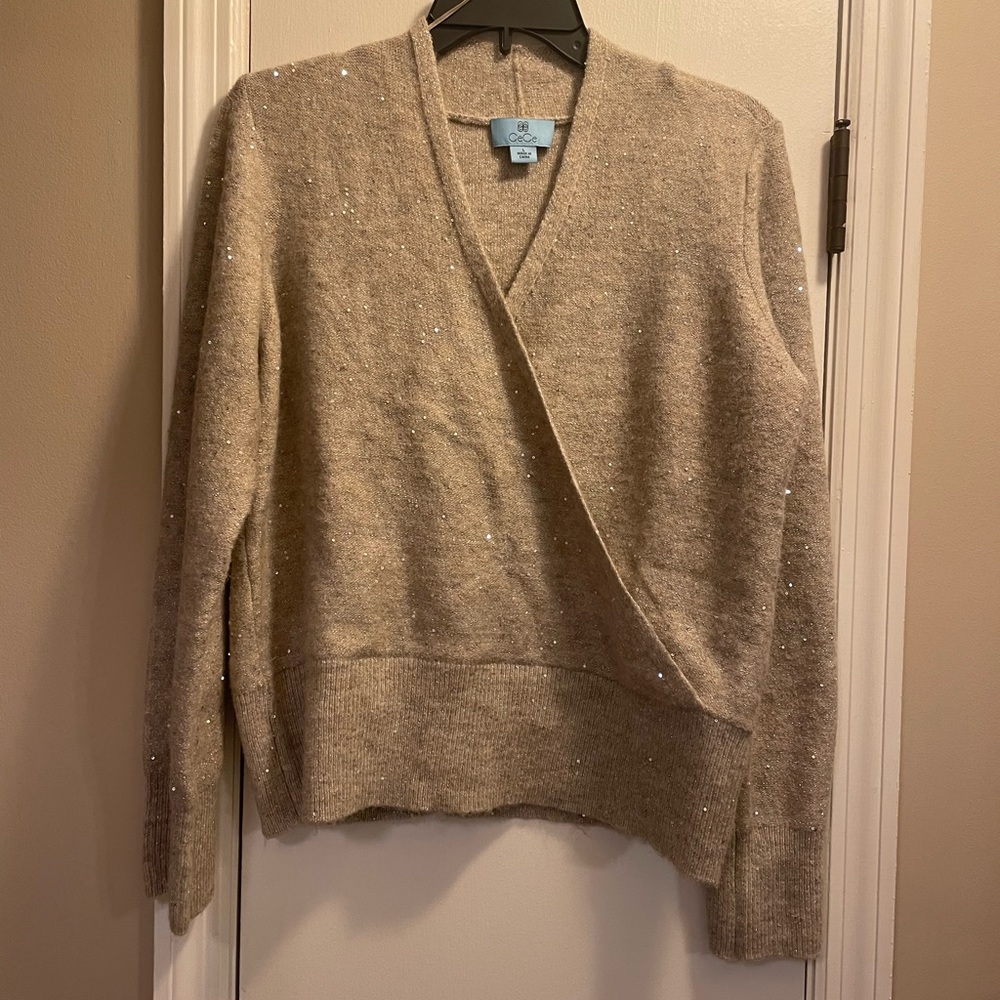 CeCe Beige V-Neck Sweater with Sequin Detail